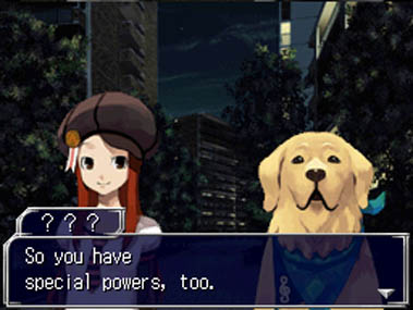 A femme looking person and a dog at a city at night. Dialogue reads 'So you have special powers too?'.