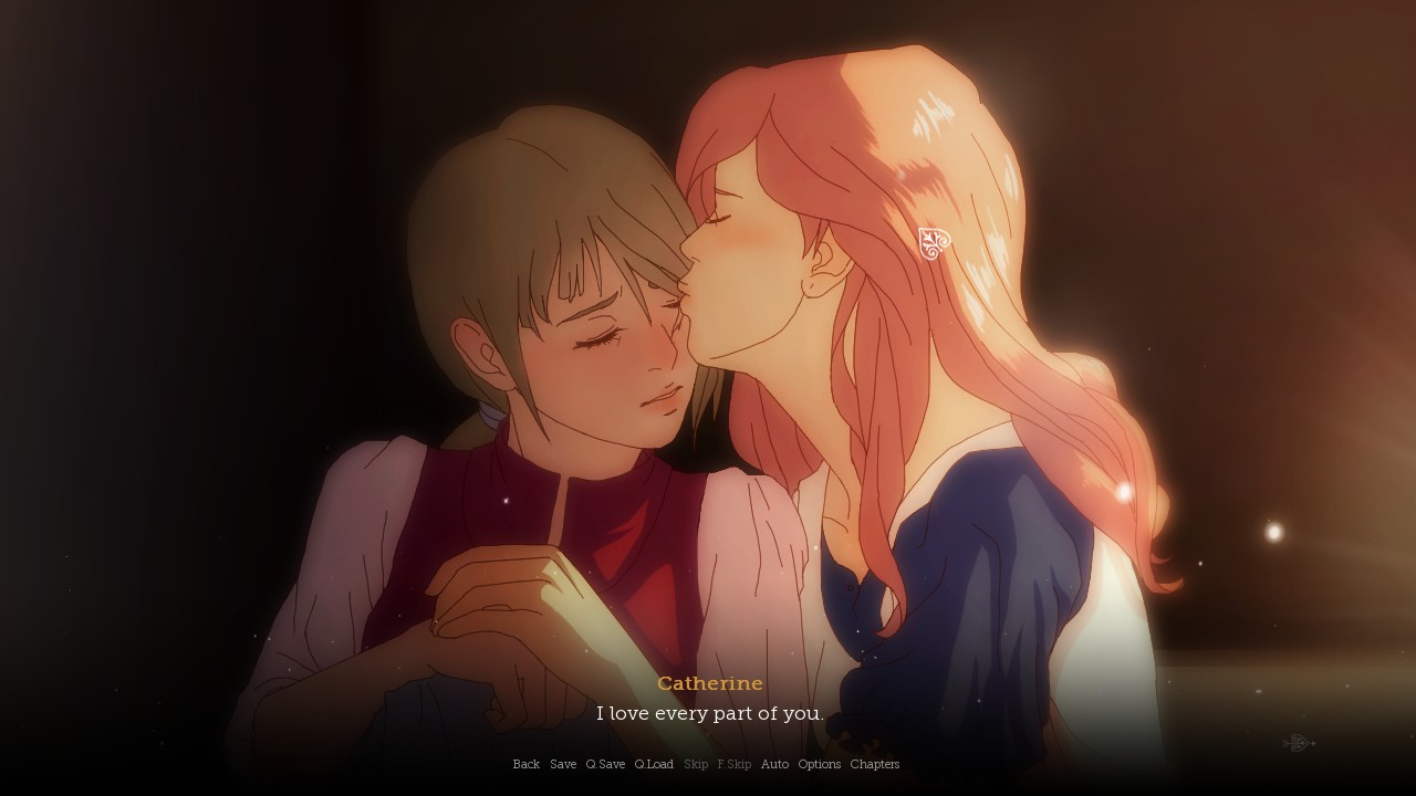 A femme person kissing a gender ambiguous person on the forehead. Dialogue reads 'I love every part of you.'