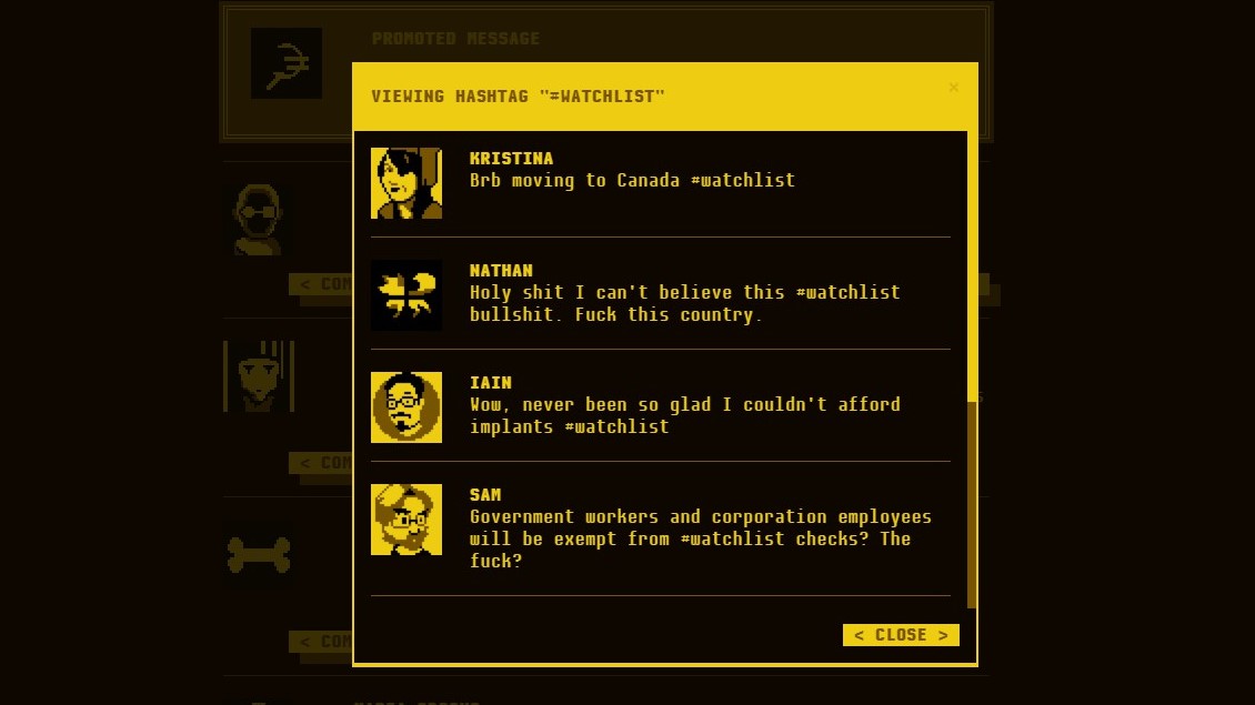 Dialogue window on screen. Text reads 'Viewing hashtags hashtag watchlist'. Dialogue reads 'b r b moving to Canada hashtag watchlist' and 'Holy shit, I can't believe this hashtag watchlist bullshit. Fuck this country.' and 'Wow, never been so glad I couldn't afford implants. Hashtag watchlist.' and 'Government workers and corporation employees will be exempt from hashtag watchlist checks? The fuck?'.