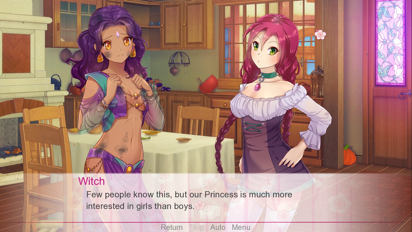 Two feminine characters. A dialogue box shows 'Witch' saying 'Few people know this, but our princess is much more interested in girls than boys.'