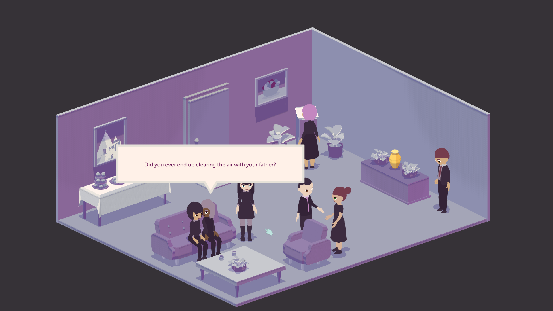 People are milling in a room. Two feminine characters are sitting on a couch. There is a speech bubble showing one saying to the other 'Did you ever end up clearing the air with your father?'