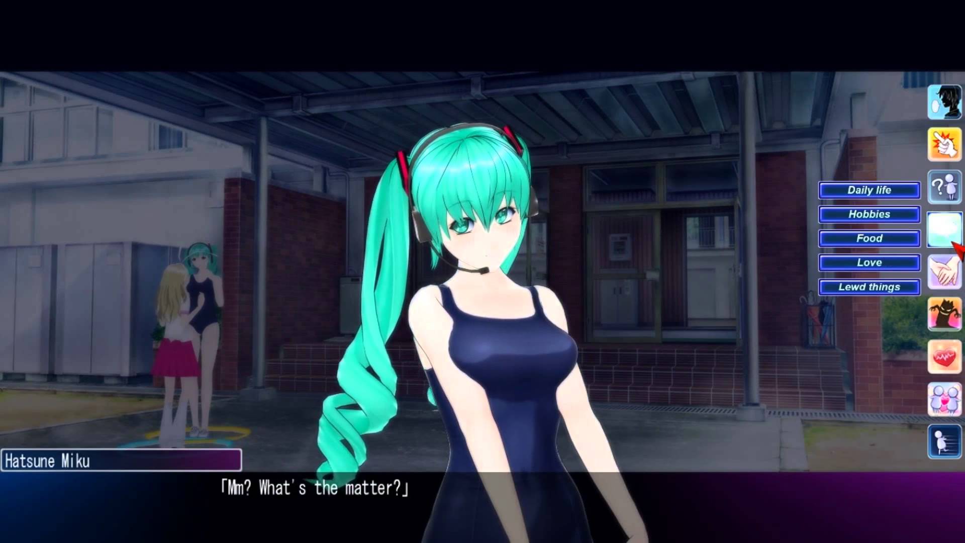 A femme appearing character with an unnatural hair colour is wearing a swimsuit and headset microphone in the foreground. A dialogue box overlay shows her name is Hatsune Miku, and she is saying, 'Mm? What's the matter?'