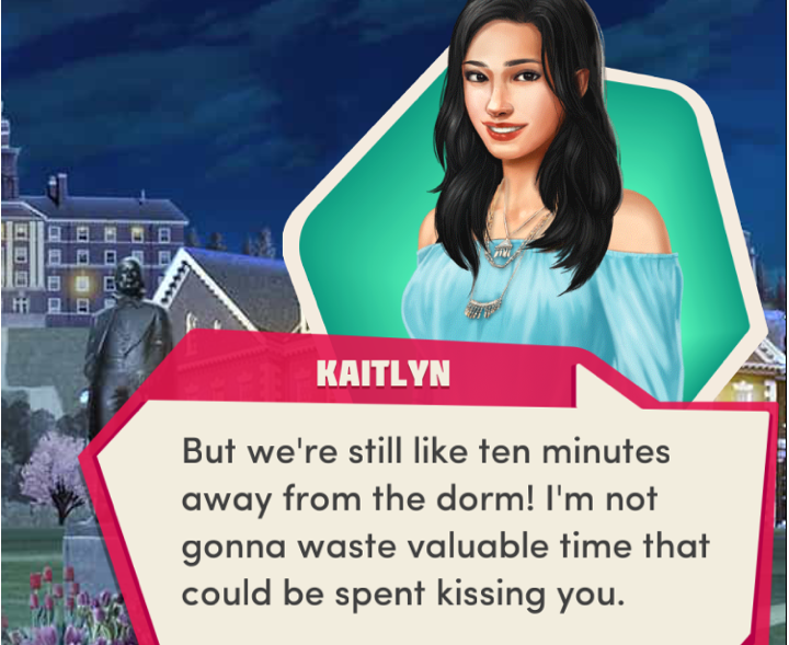 Femme looking person standing in front of a grand house. Dialogue reads 'But we're still like ten minutes away from the dorm! I'm not gonna waste valuable time that could be spent kissing you.'.