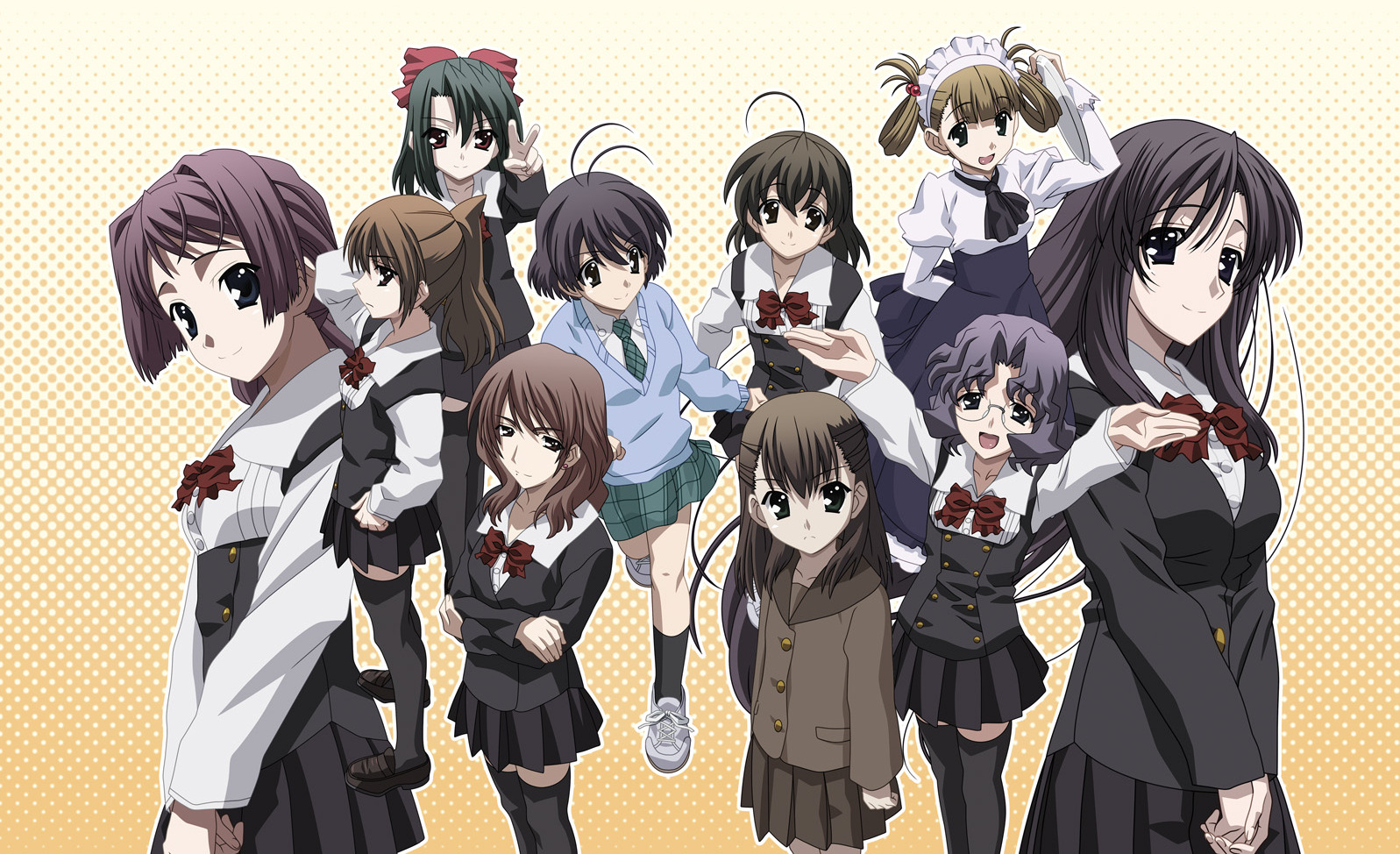 Ten feminine figures in school uniforms stand together, some angry and some excited.