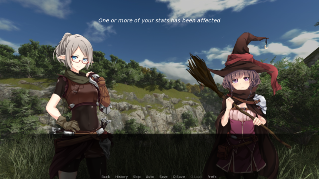 Two feminine figures stand in a field surrounded by rocks. Some text floats at the top of the image, that says 'One or more of your stats has been affected'.