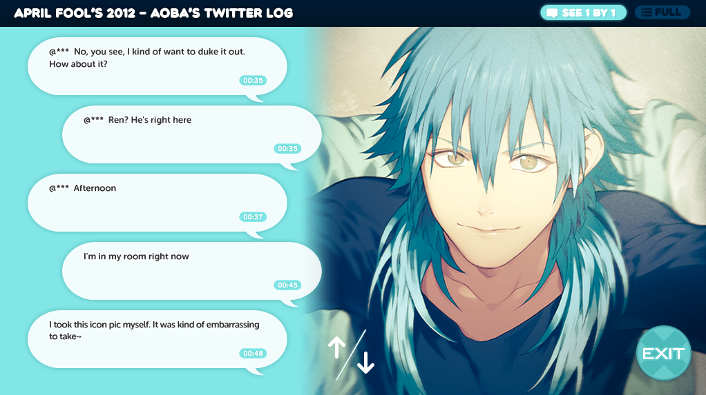 A masculine figure with long, unnaturally coloured hair looks at the camera with several dialogue bubbles beside him. These read, 'April fool's 2012 - Aoba's Twitter log. No, you see, I kind of want to duke it out. How about it? Ren? He's right there. Afternoon. I'm in my room right now. I took this icon pic myself. It was kind of embarassing to take.'