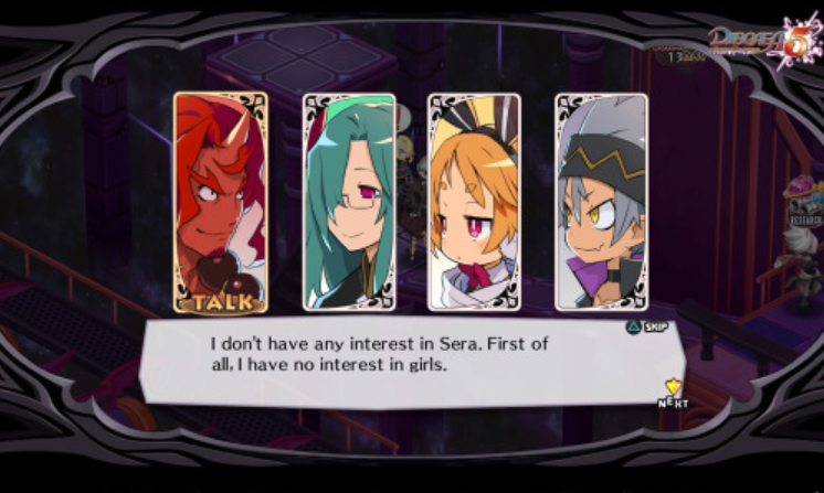 Four screens each show a character portrait, with a text overlay reading, 'I don't have any interest in Sera. First of all, I have no interest in girls.'
