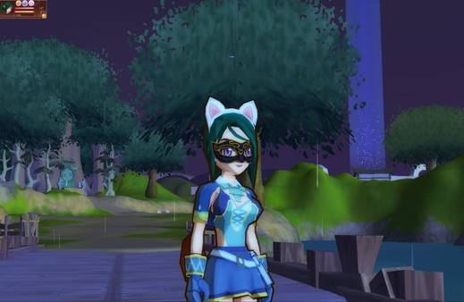 A feminine character wearing a mask and cat ears is standing in a park at night.