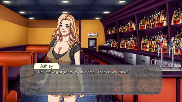 A feminine figure stands in a bar with a dialogue box overlay that says, 'Ashley: Now we've just got to go on a date. What do you think?'