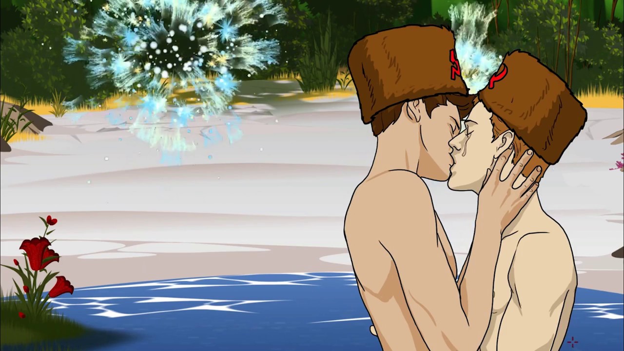 Two half naked masculine figures are passionately kissing on a beach.