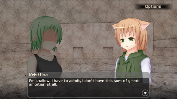 One feminine figure with cat ears speaks to another who does not have a face while a dialogue box overlay says, 'Kristfina: I'm shallow, I have to admit, I don't have this sort of great ambition at all'.