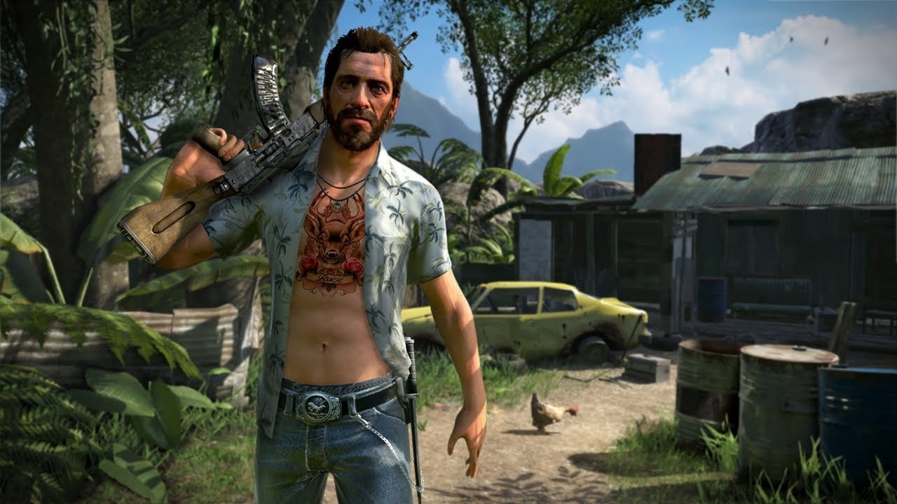 A masculine figure with his shirt unbuttoned holds a gun over his shoulder. An old car and several rusty sheds and barrels and in the background.