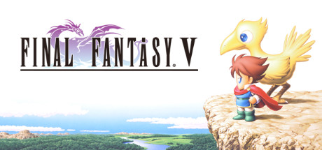 Game title for Final Fantasy 5 with a masculine figure and chocobo looking out over a landscape.