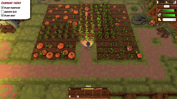 A gender ambiguous character points a torch at a field full of beet plants. There are other beet fields and pumpkin fields nearby, and a checklist in the corner of the screen saying, 'Current tasks: Plant pumpkins, Harvest 0 / 5, Plant beet'.