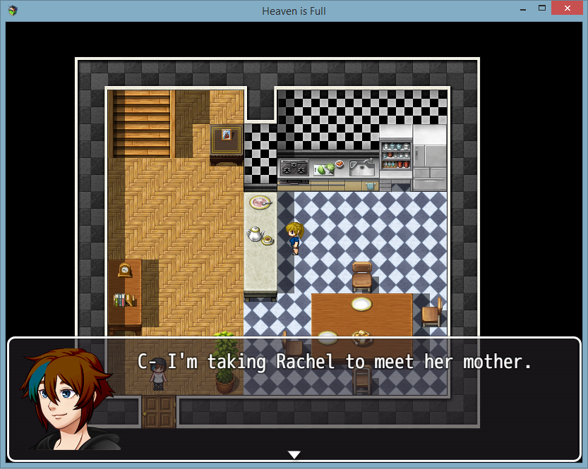 A pixel character stands in the kitchen. A dialogue box below her shows her saying 'I'm taking Rachel to meet her mother'.