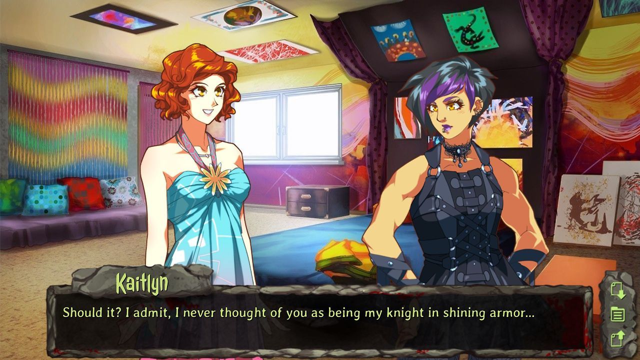 Two feminine characters stand in a bedroom full of posters. A text overlay says, 'Kaitlyn: Should I? I admit, I never thought of you as being my knight in shining armor...'