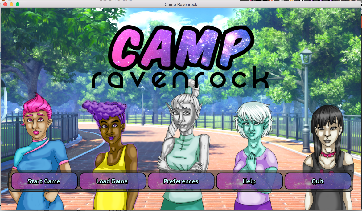 Camp Ravenrock title screen featuring five gender ambiguous characters.