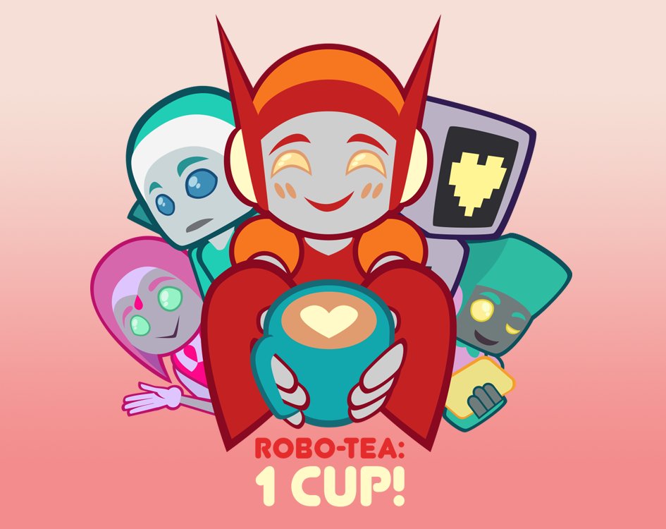 Robo Tea one cup logo, containing five androids looking at the camera.