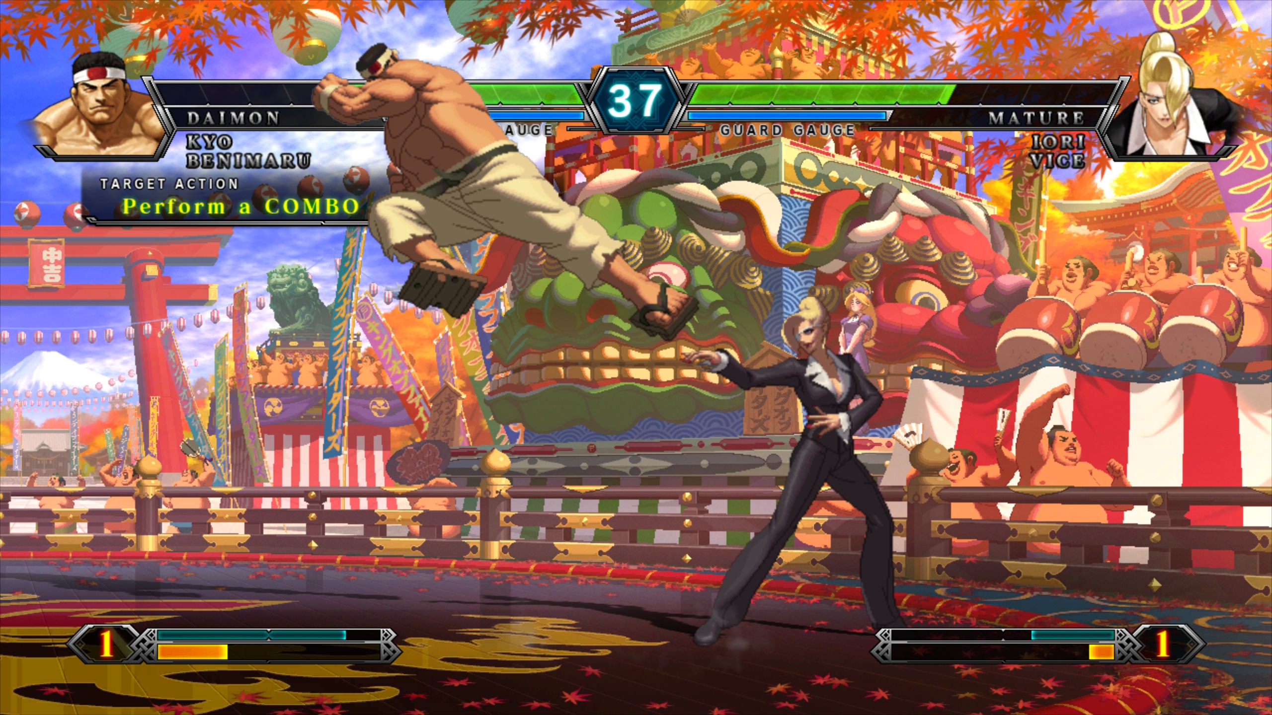 A large muscular masc looking person performing a downward kick onto a femme looking person in a suit who has her hands raised. Two progress bars sit at the top of the screen, and two bars sit at the bottom. Text reads 'Perform a combo'.