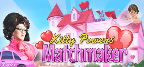 A castle with hearts above it, with a small cupid with a bow sitting on the roof. A femme looking person. Text reads 'Kitty Powers' Matchmaker'.