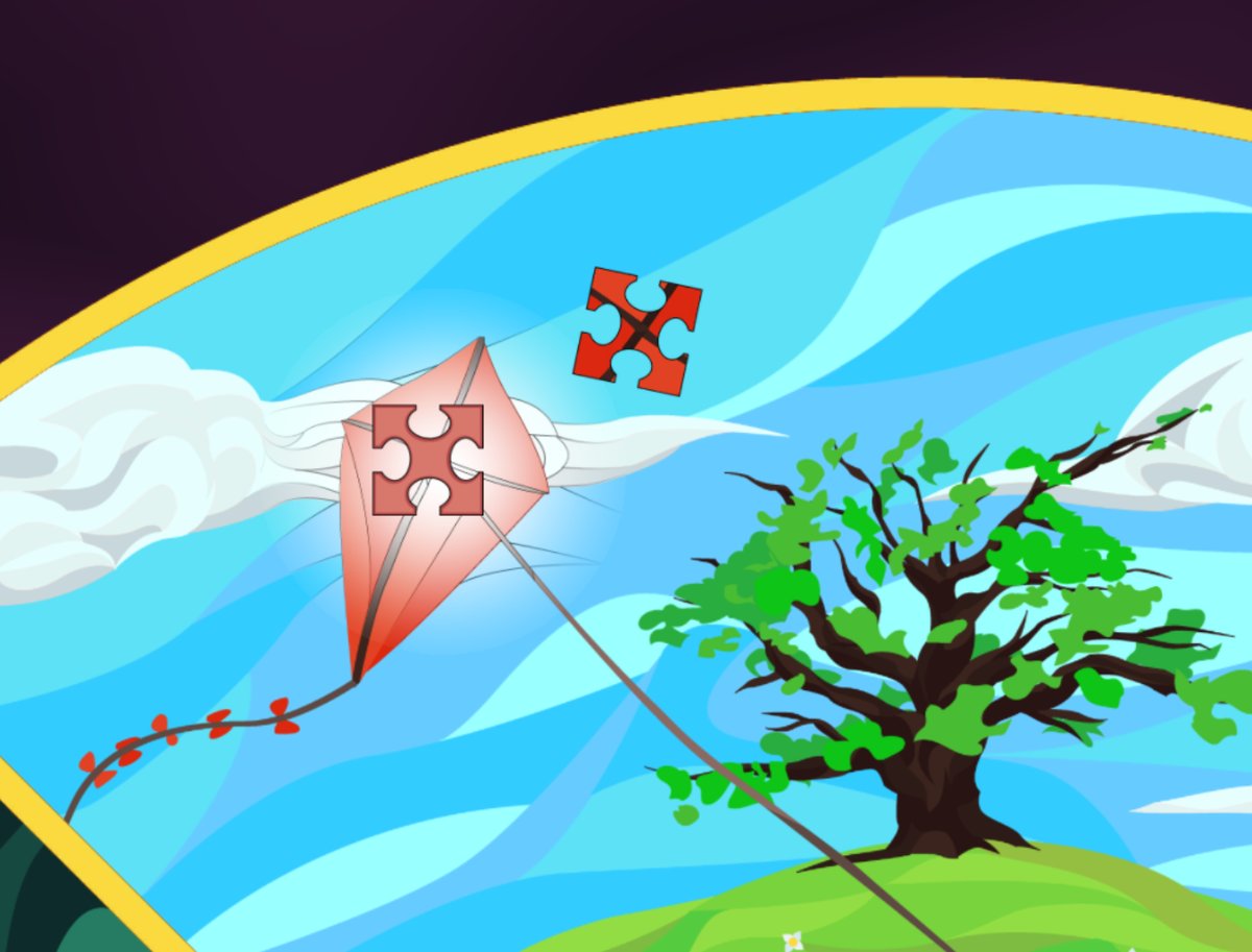 A kite with a puzzle piece missing from it, on a sunny day near a tree. A matching puzzle piece floats nearby.