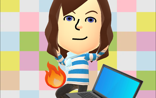 A femme looking person with a computer and a flame next to them.