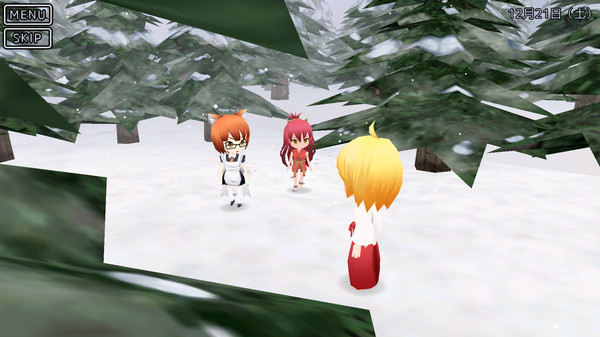 Three femme looking people standing in a forest in the snow.