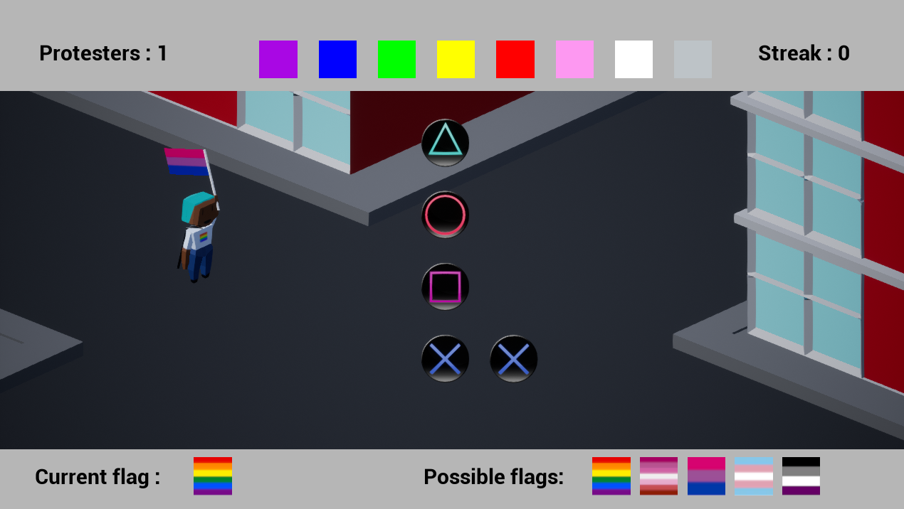 A figure holds a bisexual pride flag on a street while several symbols of PlayStation controller buttons overlay on the screen.
