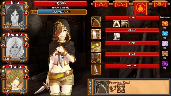 A femme looking person standing in a old building. Menu screen with different options.