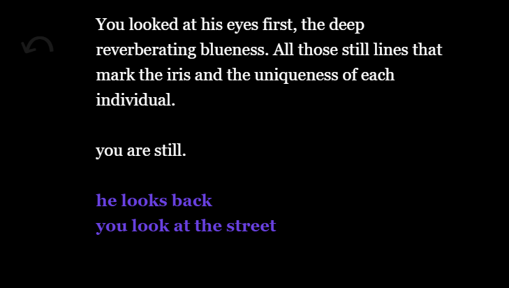 A text-based game. 'You looked at his eyes first, the deep reverberating blueness. All those still lines that mark the iris and the uniqueness of each individual. you are still.' Options 'he looks back' and 'you look at the street'.