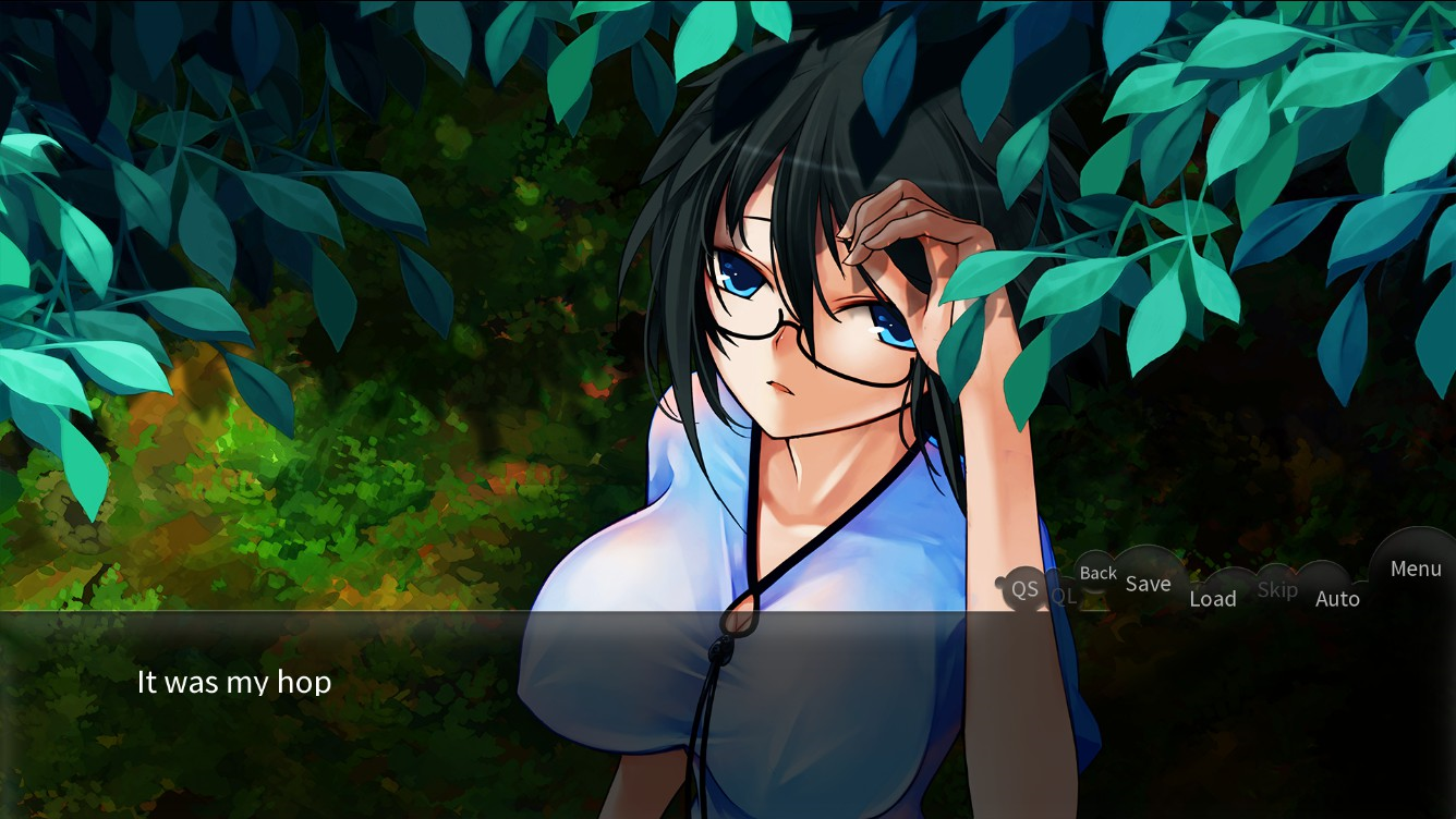 A femme looking person with unrealistic breasts standing under a tree. Dialogue reads 'It was my hop.'.