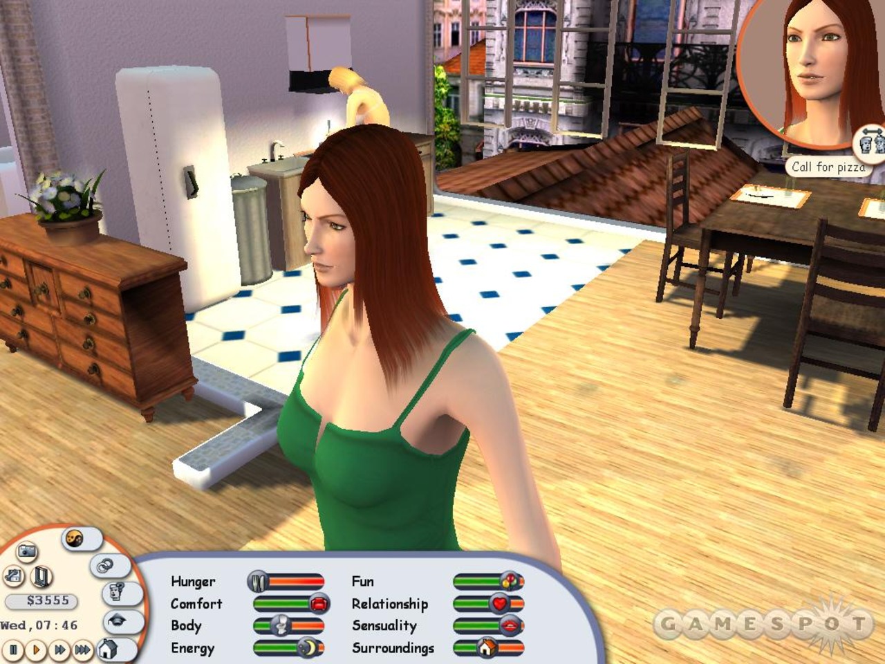 A femme looking person standing in a kitchen. A menu with stats is shown beneath them.