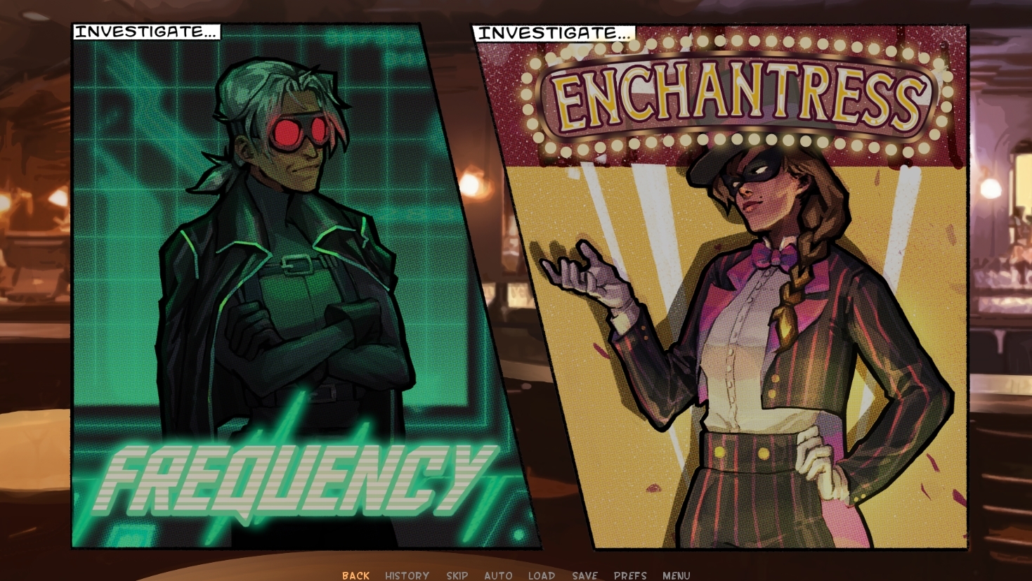 Two panels side by side show two feminine figures. Both say 'investigate' at the top. The figure on the left has grey hair and is called 'Frequency'. The figure on the right has brown hair and is dressed as a magician. She is called 'Enchantress'.