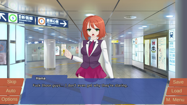 A femme looking person wearing a uniform standing in a train platform. Dialogue reads 'Fuck those guys...I don't even get why they're staring.'