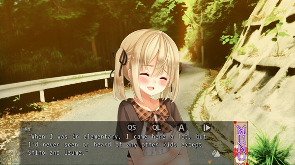 A femme looking person standing on a winding road. Dialogue reads 'When I was in elementary, I came here a lot, but I'd never seen or heard of any other kids except Shino and Uzume.'