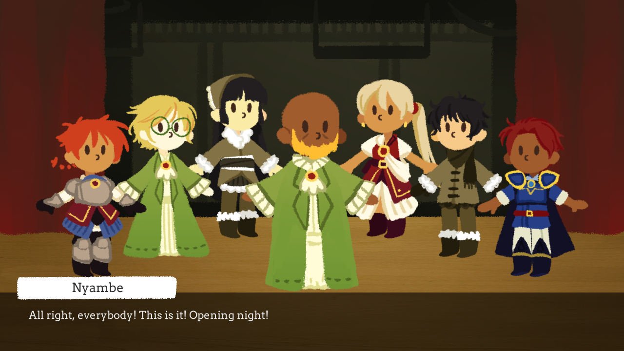 A cast of seven actors stands on a stage. A dialogue box at the bottom says 'All right, everybody! This is it! Opening night!'