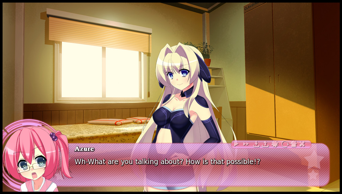 A feminine figure looks to the camera. Another feminine figure appears to the side of a dialogue box, which shows her saying 'Wh- What are you talking about? How is that possible?'