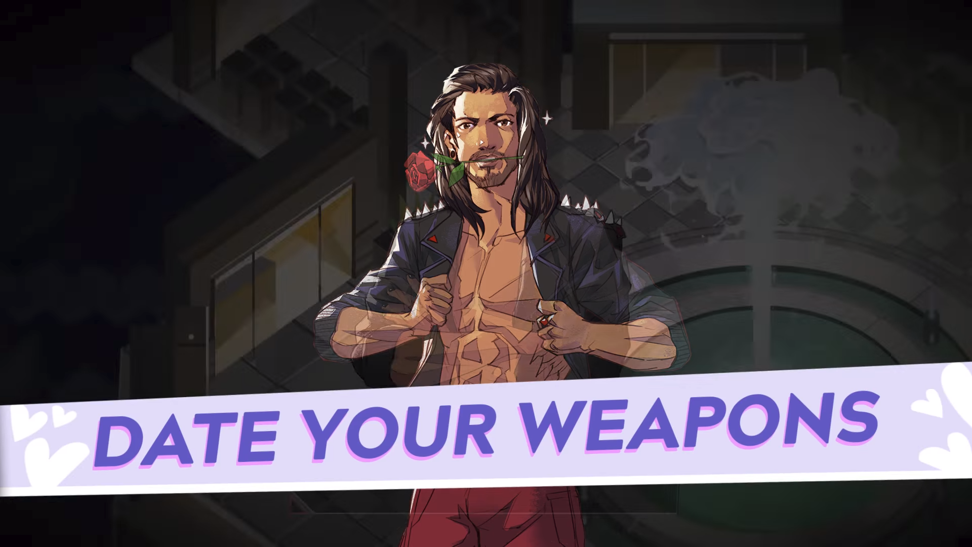 A masculine figure with a rose in his teeth stands behind a text overlay, which reads, 'Date your weapons'.