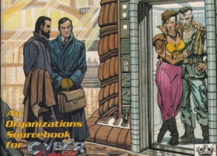 Two masculine figures in suits stand outside, looking through a doorway at two gender ambiguous figures.