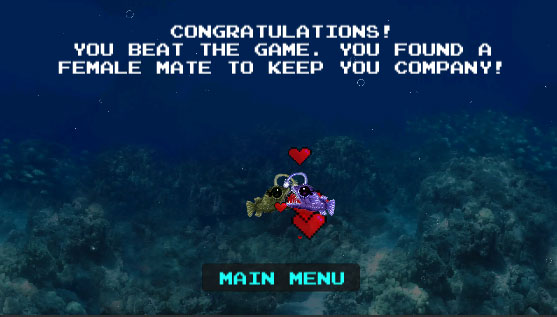 Two fish are kissing. Text above says 'Congratulaions! You beat the game. You found a female mate to keep you company!'