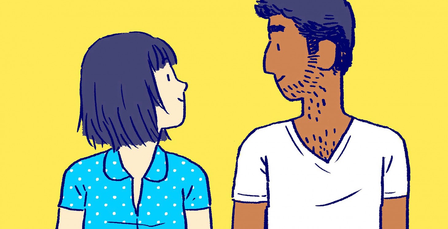 A femme person and masc person looking at each other. Cartoon.