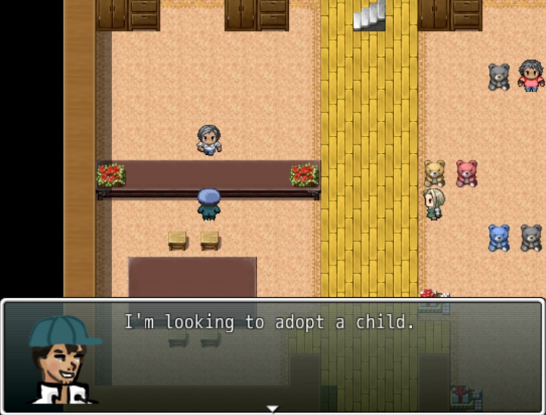 a gender ambiguous person standing at a counter talking with another person. Several toys and people are in the next room. Dialogue reads 'I'm looking to adopt a child.'.