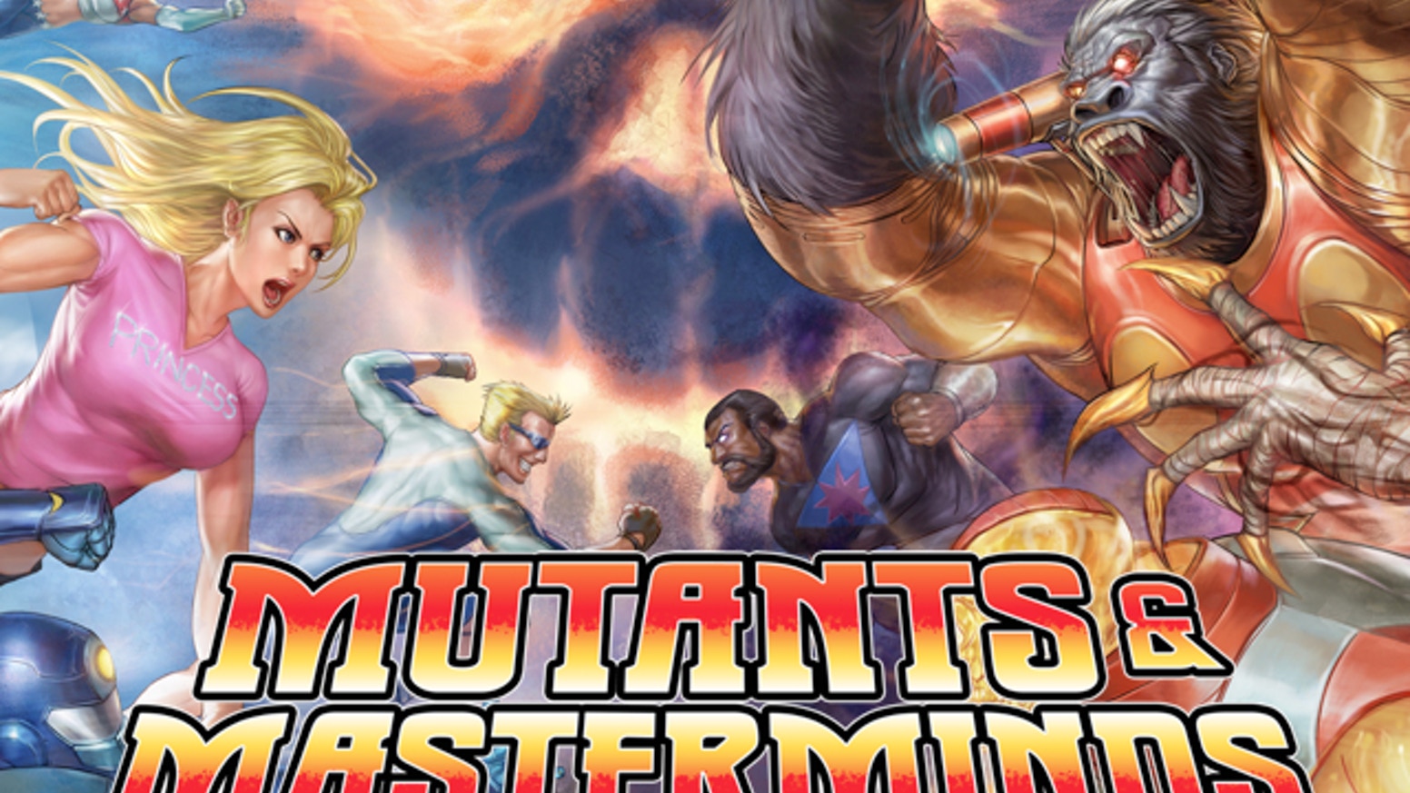 A femme looking person and a masc looking person preparing to punch a giant gorilla and a muscular masc looking person. Text reads 'Mutants and Masterminds'.