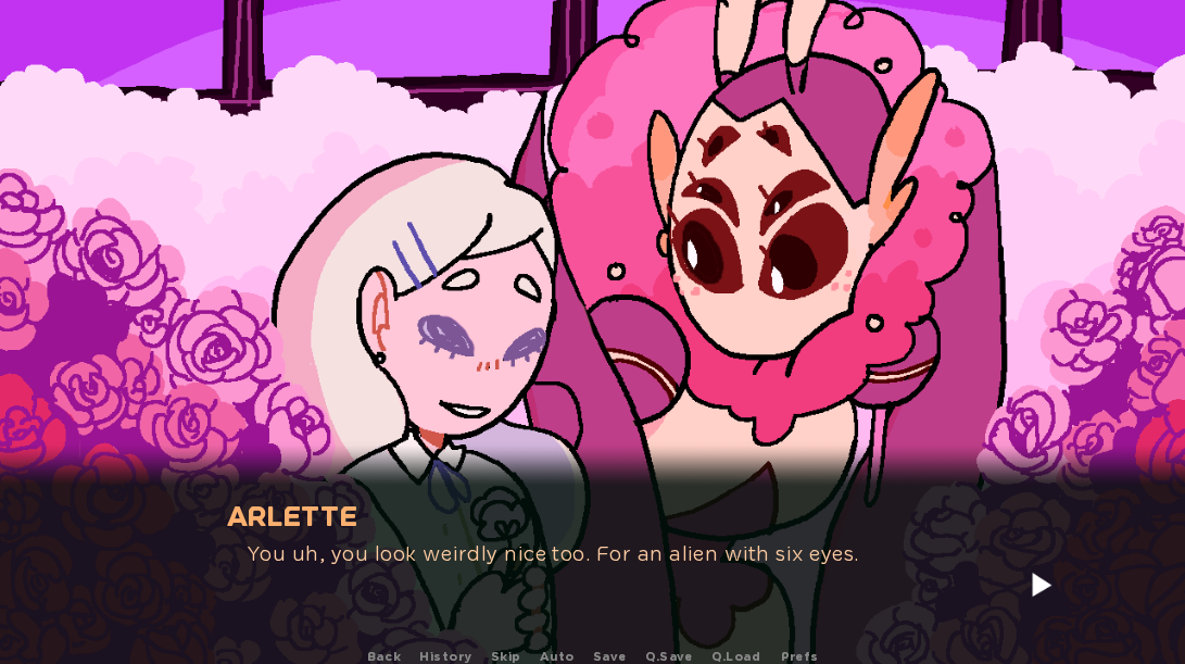 A femme looking person sitting next to a creature with six eyes, a mane and four ears. Dialogue reads 'You, uh, look really nice too. For an alien with six eyes.'.