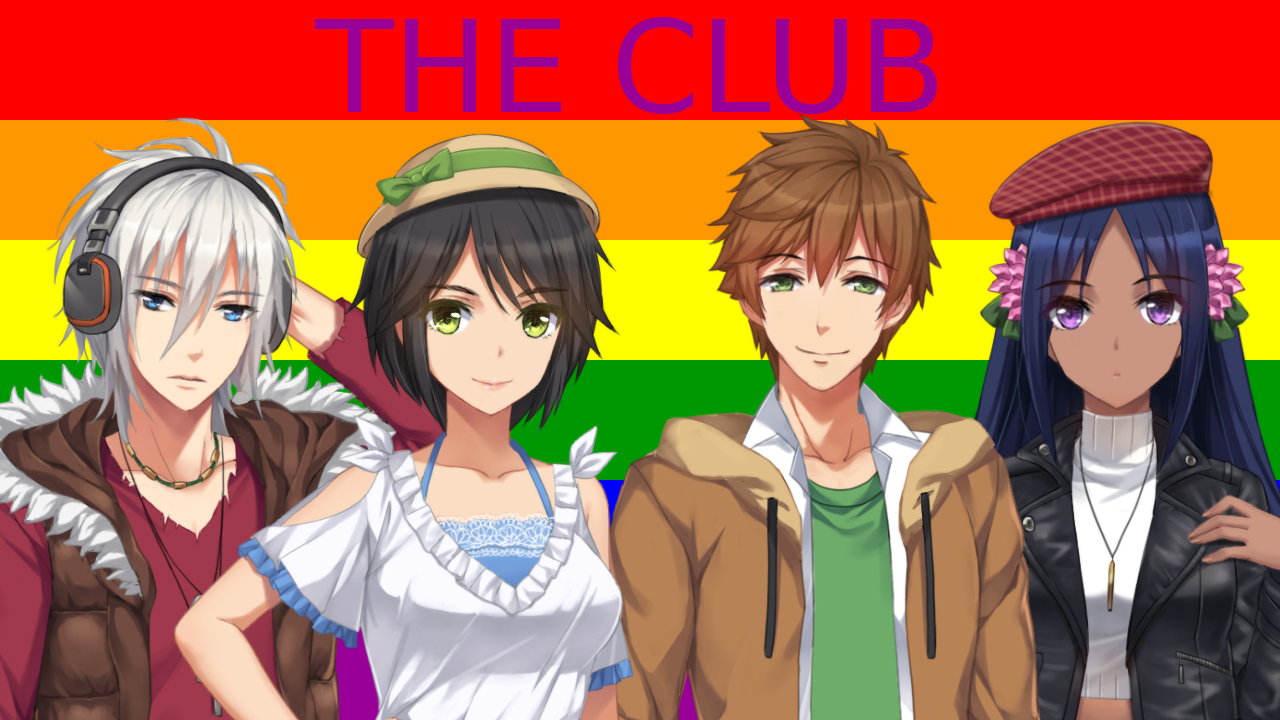 Four characters of assorted genders stand in front of a rainbow flag.