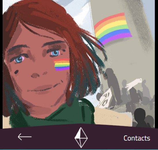 A femme appearing person looks at the camera with the queer pride flag painted on her cheek, and another queer pride flag on the wall behind her. The word 'Contacts' is below her to suggest the photo is on a phone.