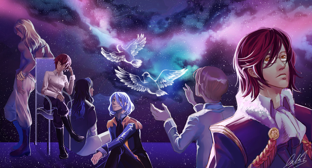 A gender ambiguous character releases transparent doves into a night sky while five other figures watch on.