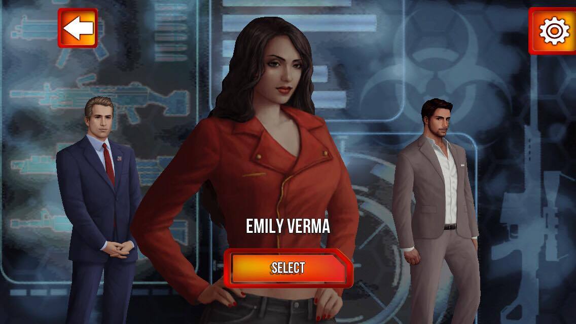 A feminine figure with the name 'Emily Verma' and a button that states 'select' stands in the foreground while two masculine figures stand behind her.