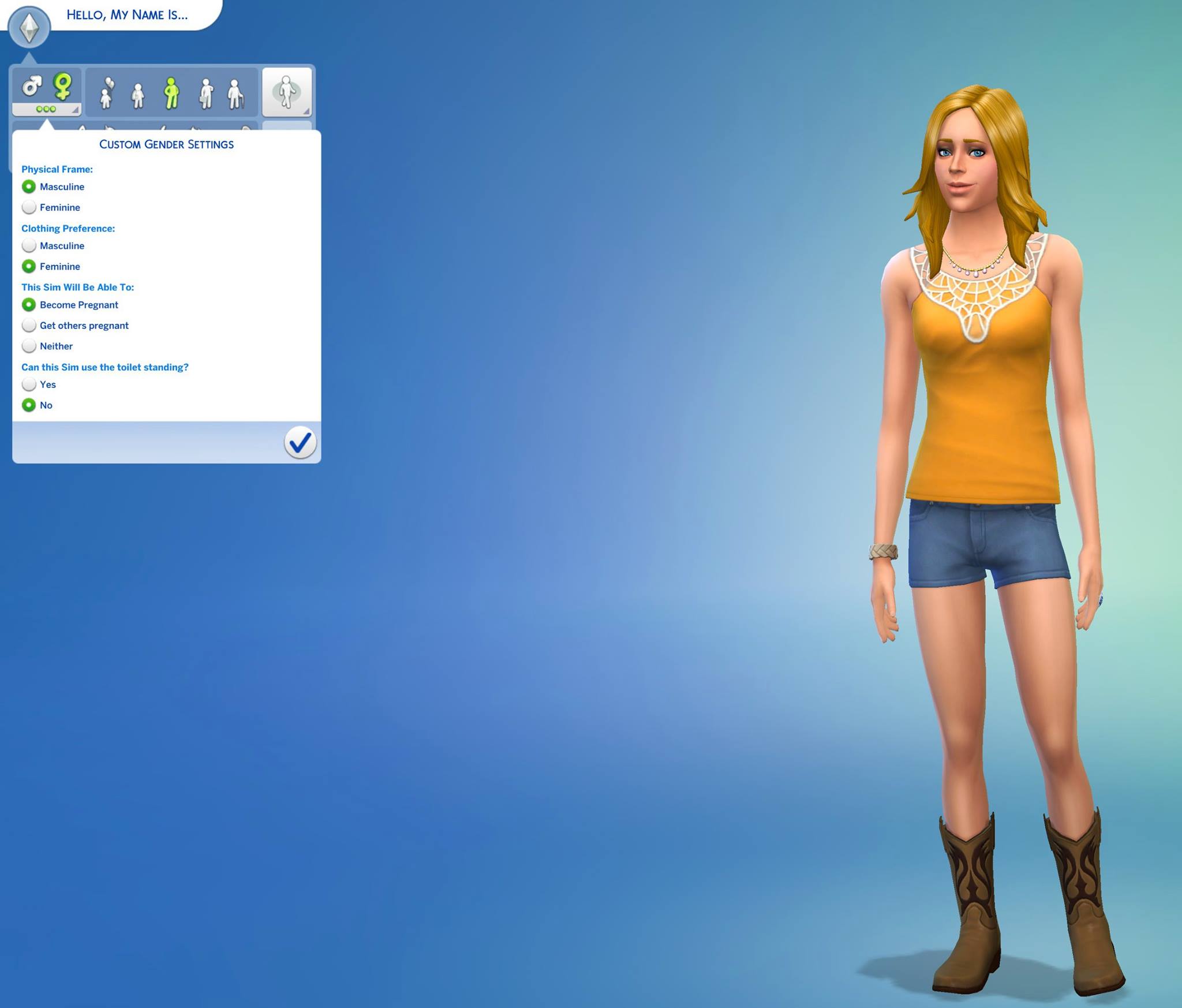 Sims 4 custom gender settings screen. Buttons to select Physical Frame as masculine or feminine, Clothing Preferences as masculine or feminine, whether the Sim will be able to become pregnant, get others pregnant, or neither, and whether the Sim can use the toilet standing.