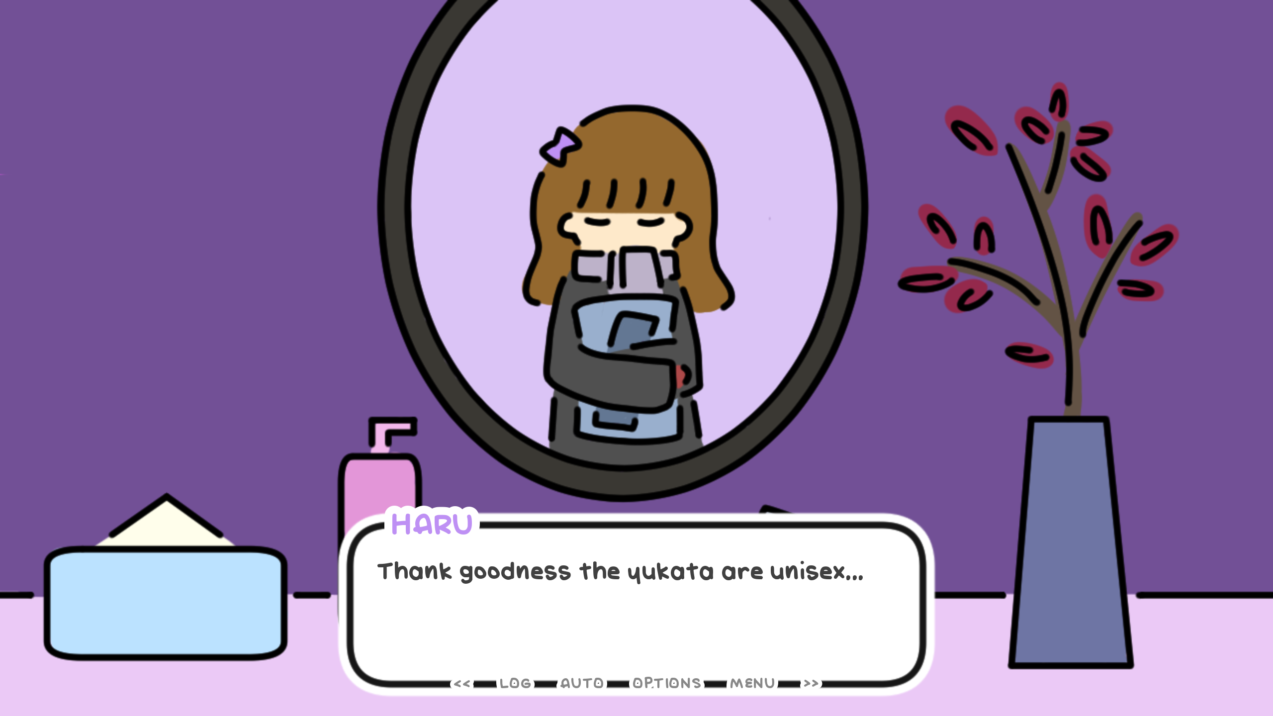 A feminine figure looks at herself in the mirror and says, 'Thank goodness the yukata are unisex...'